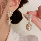 French Hong Kong Style Champagne Pearl Zircon Earrings – Stylish Gifts — 3