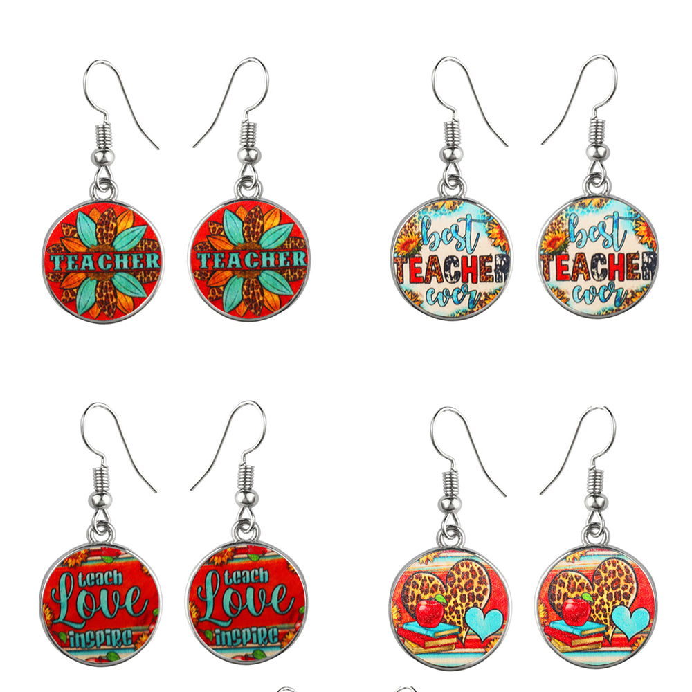 Boho Best Teacher Ever Glass Dome Earrings Stainless – Gifts for Her — 1