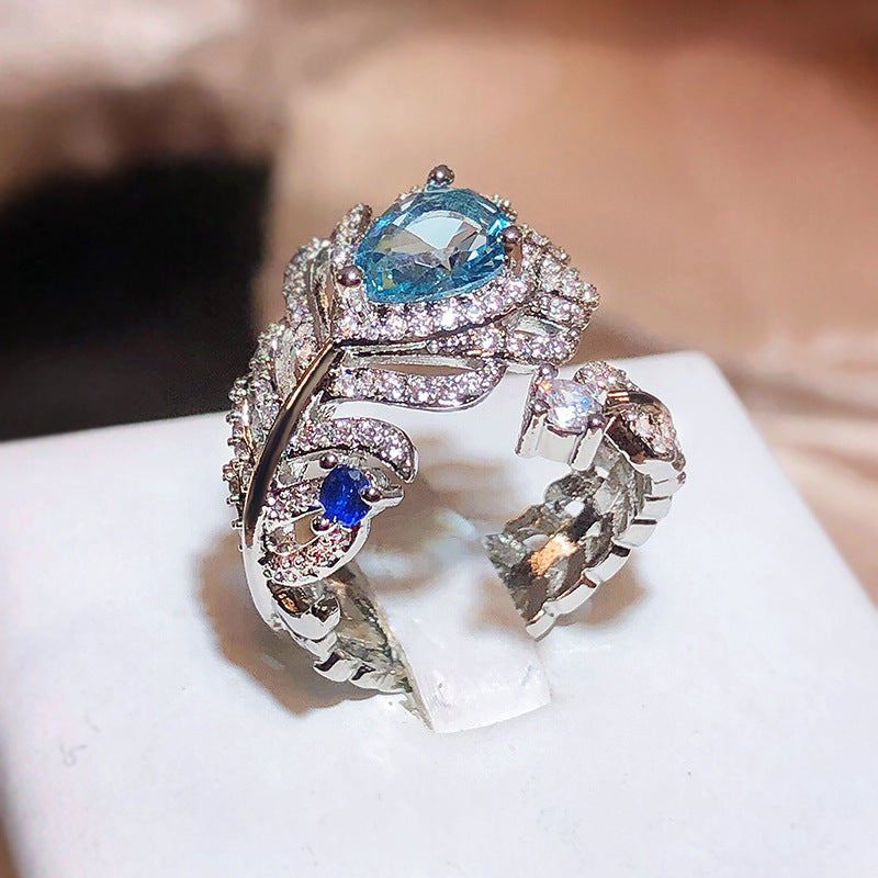 Blue Zircon Feather Ring Opening Adjustable – Holiday Gift Ideas — 1