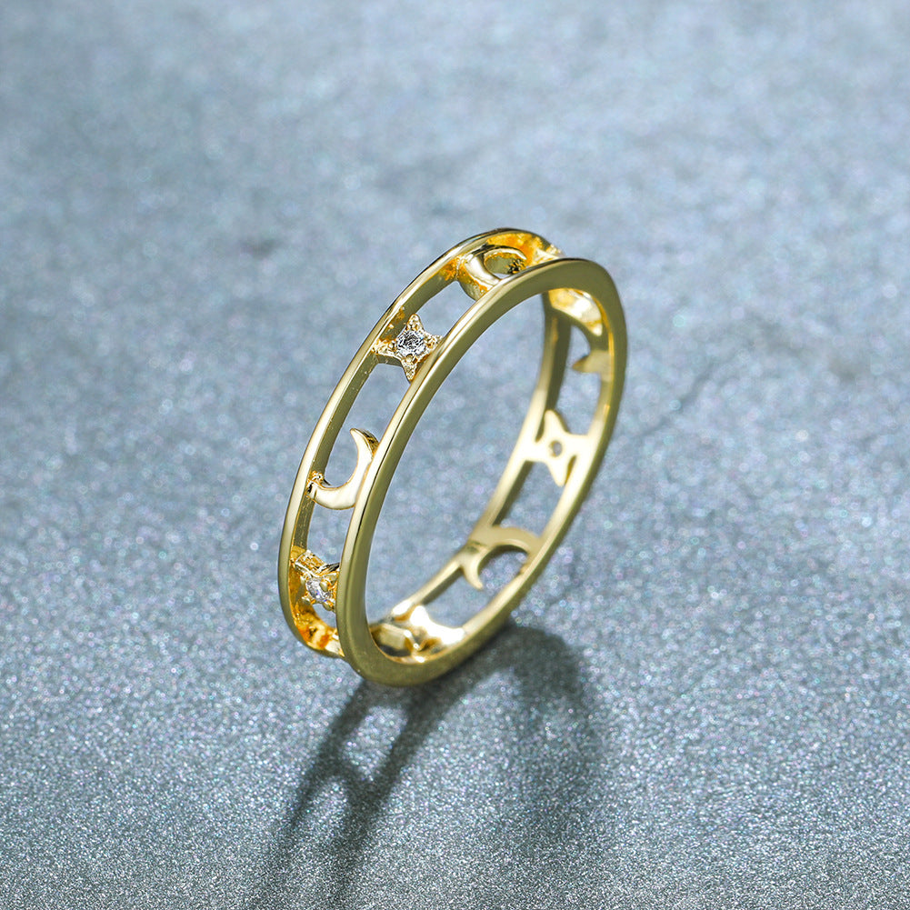 Simple Plain Circle Gold Star And Moon Zircon Ring – Small Gift Ideas — 1