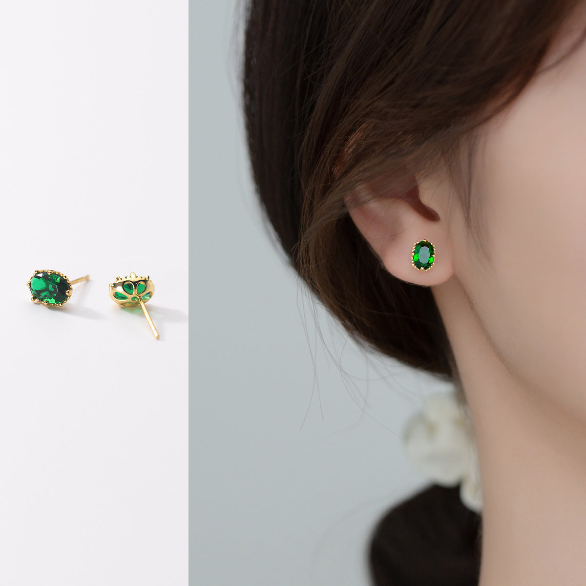 S925 Silver Green Diamond Oval Tori Stud Earrings – Stylish Gifts — 1