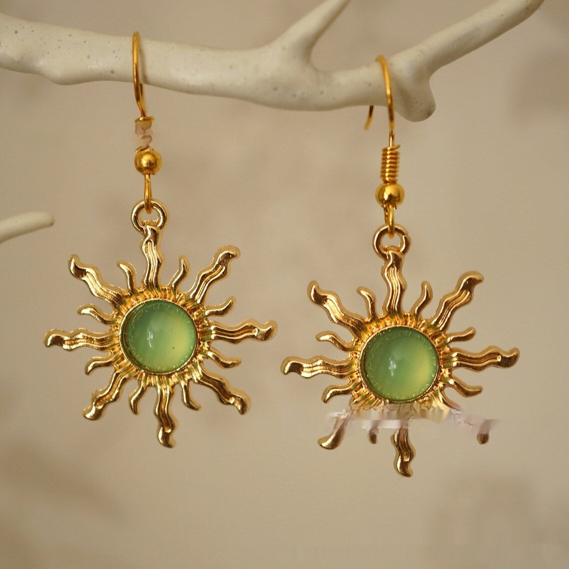 Cold Gold And Light Green Acrylic Sun Earrings – Meaningful Gifts — 1