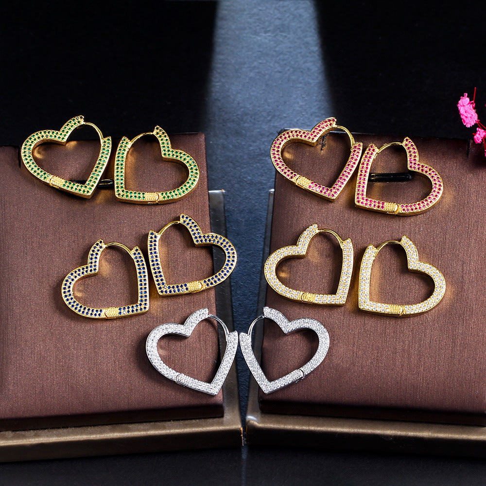 Zircon Inset Love Earrings Geometric Heart Brass Gold – Stylish Gifts — 1