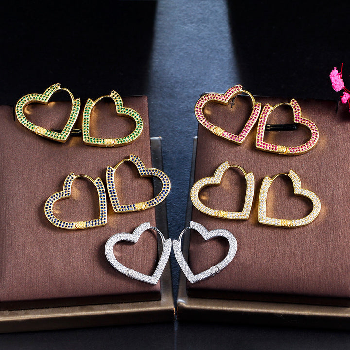 Zircon Inset Love Earrings Geometric Heart Brass Gold – Stylish Gifts — 1