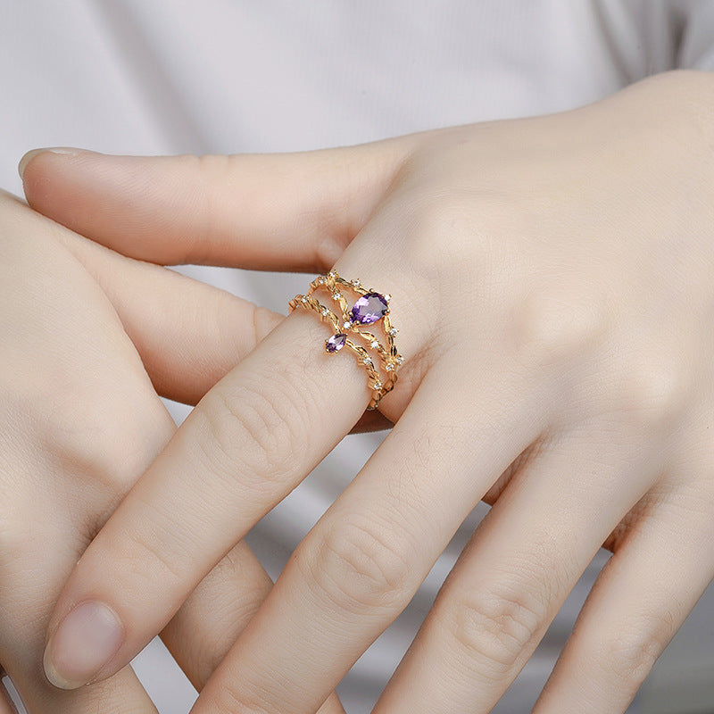 S925 Silver Plated 14k Gold Amethyst Ring Set – Thoughtful Gifts — 1
