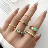 Boho Vintage Gold Geometric Emerald Statement Ring Set – Stylish Gifts — 1