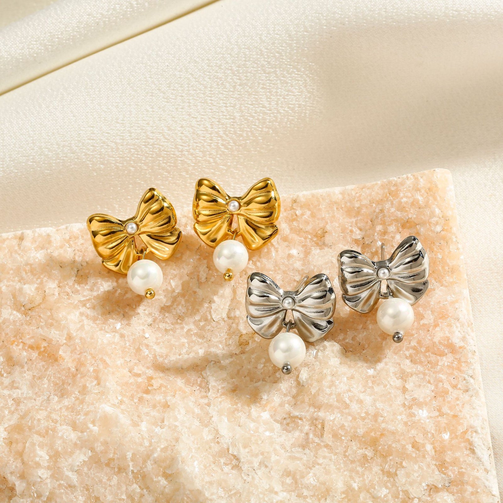 Titanium Steel Pearl Bow Nail Stainless Steel Earrings – Beauty Gifts — 1
