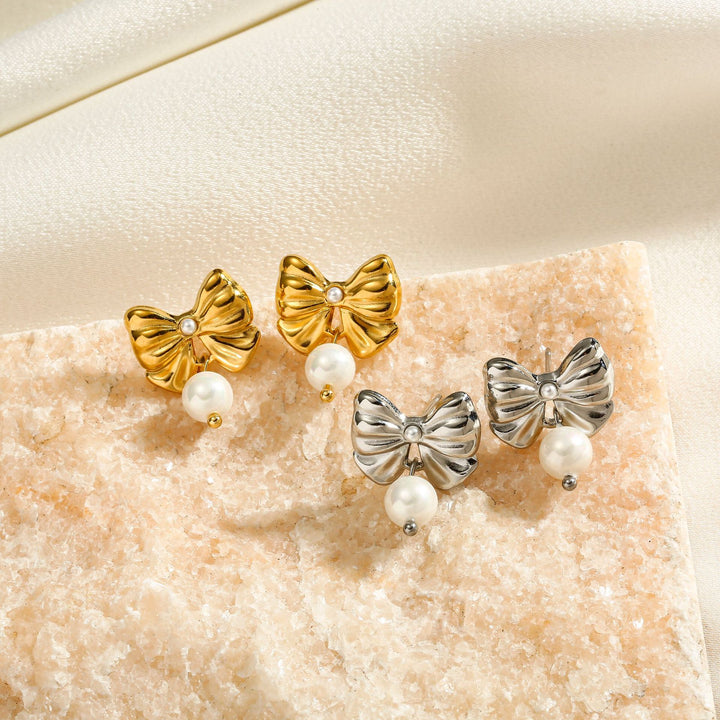 Titanium Steel Pearl Bow Nail Stainless Steel Earrings – Beauty Gifts — 1