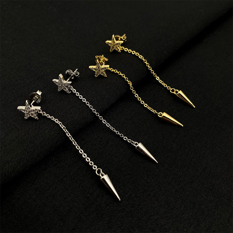 Star Long Fringe Chain Cone Silver Stud Earrings – Holiday Gift Ideas — 1