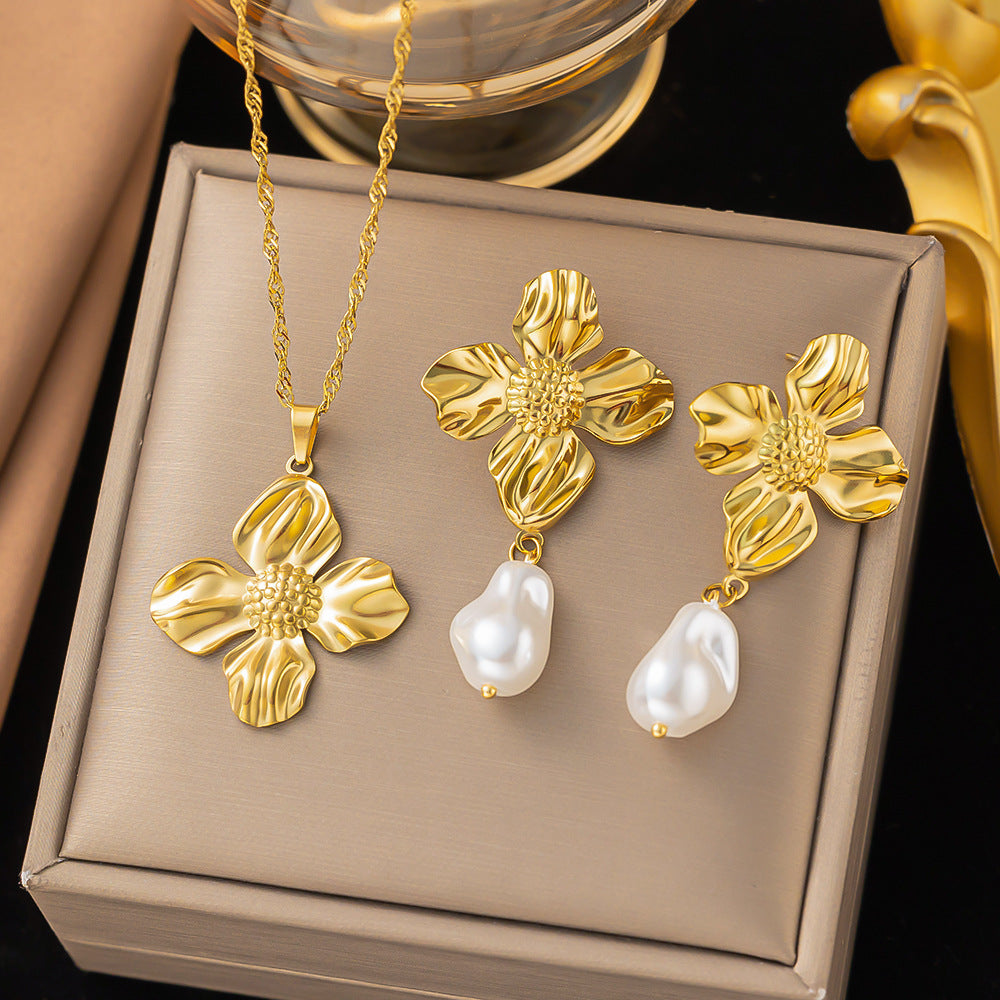 Metal Flower Pearl Pendant And Earrings Set – Jewelry Gift Ideas — 1
