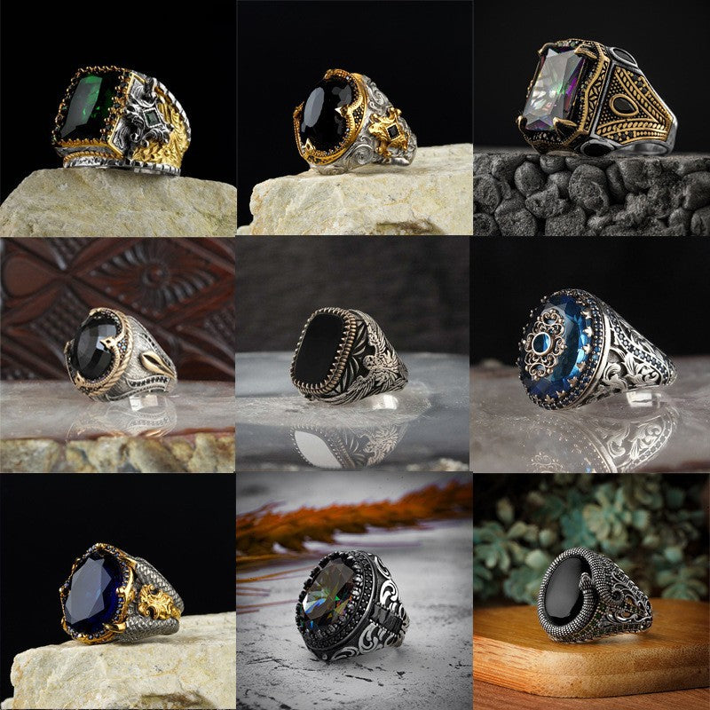 Snakelike Winding Black Flat Gemstone Ring Men's – Gifts for Him — 1