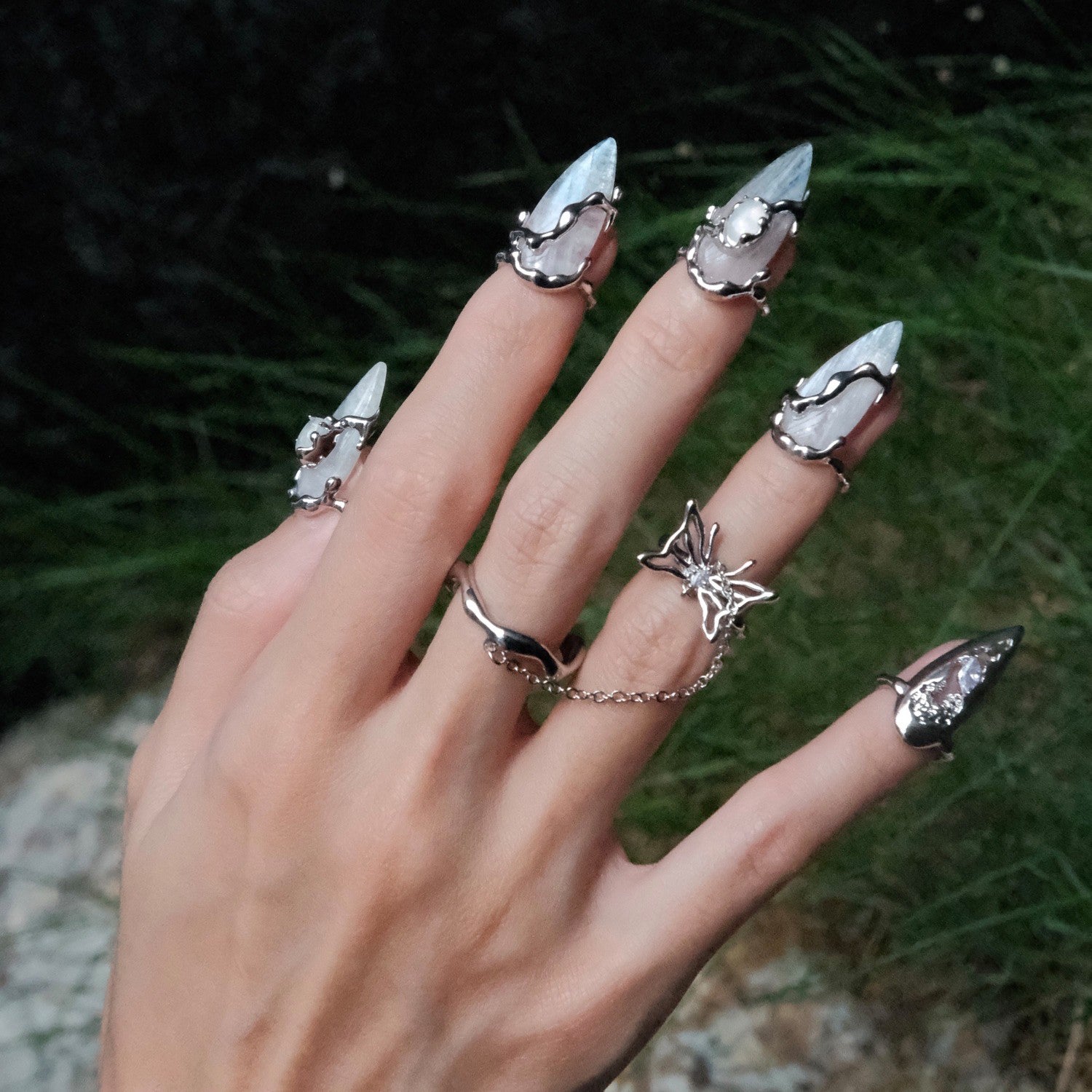 Metal Nail Ring Xianku Natural Moonlight Stone – Beauty Gifts — 1
