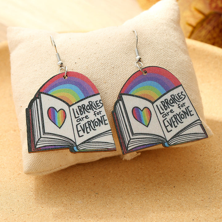 Geometric Rainbow Book Earrings Wooden For Women – Gifts for Her — 1