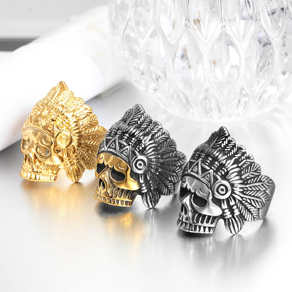 Vintage Fashion Indian Feather Skull Head Ring – Stylish Gifts — 1
