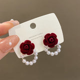Silver Pin Flocking Wine Red Rose Earrings – Small Gift Ideas — 2