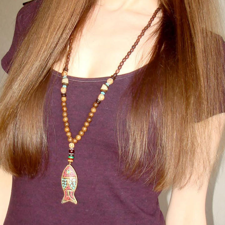 Vintage Long Necklace Handmade Turquoise Wood – Jewelry Gift Ideas — 1