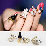 Crystal Cat Pearl Rhinestone Knuckle Nail Ring Set – Cat Lover Gifts — 1