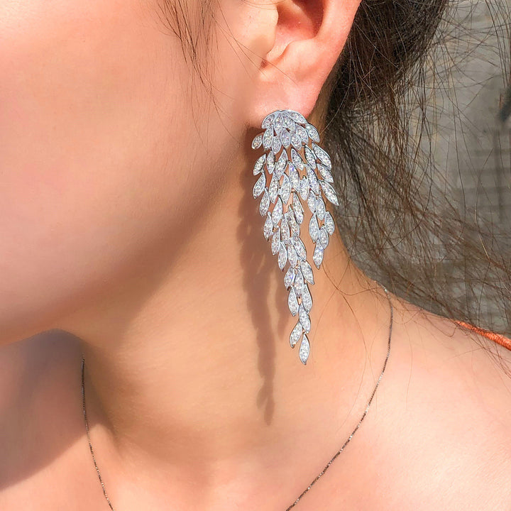 French Elegant Leaf Tassel Full Diamond Earrings – Stylish Gifts — 1