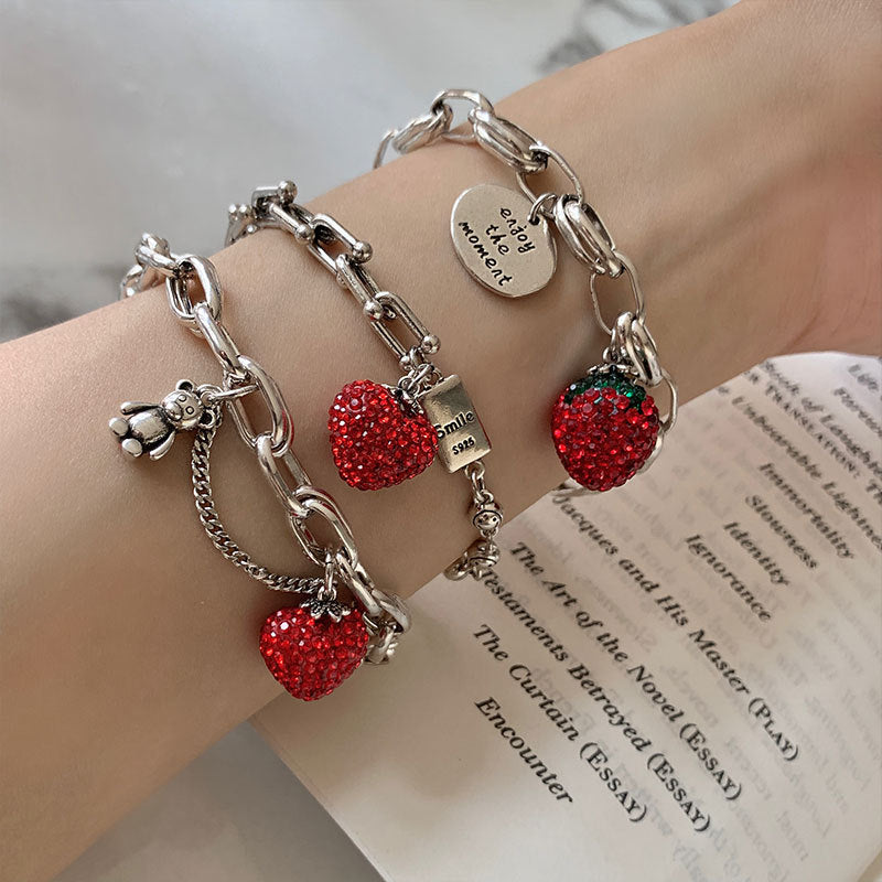 Fashion Strawberry Crystal Bear English Tag Bracelet – Stylish Gifts — 1