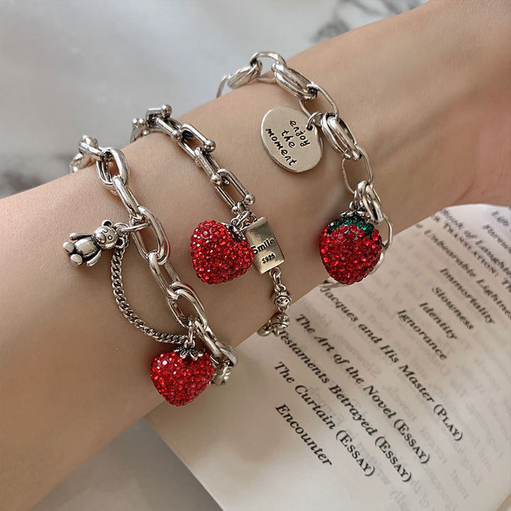 Fashion Strawberry Crystal Bear English Tag Bracelet – Stylish Gifts — 1