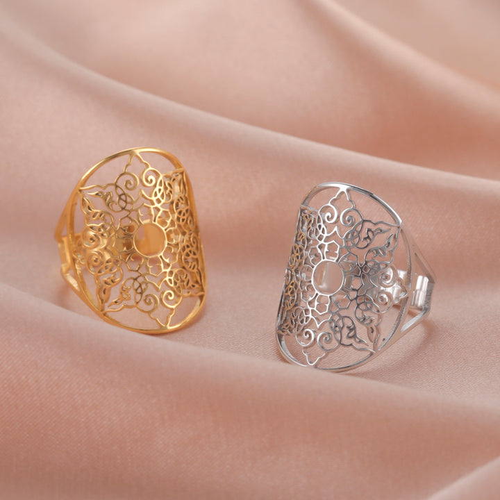 Vintage Stainless Steel Openwork Snow Petal Oval Ring – Gift Ideas — 1