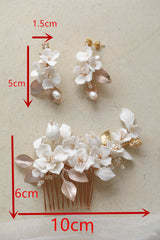 Porcelain Hair Comb Earring Set White Flowers – Jewelry Gift Ideas — 7