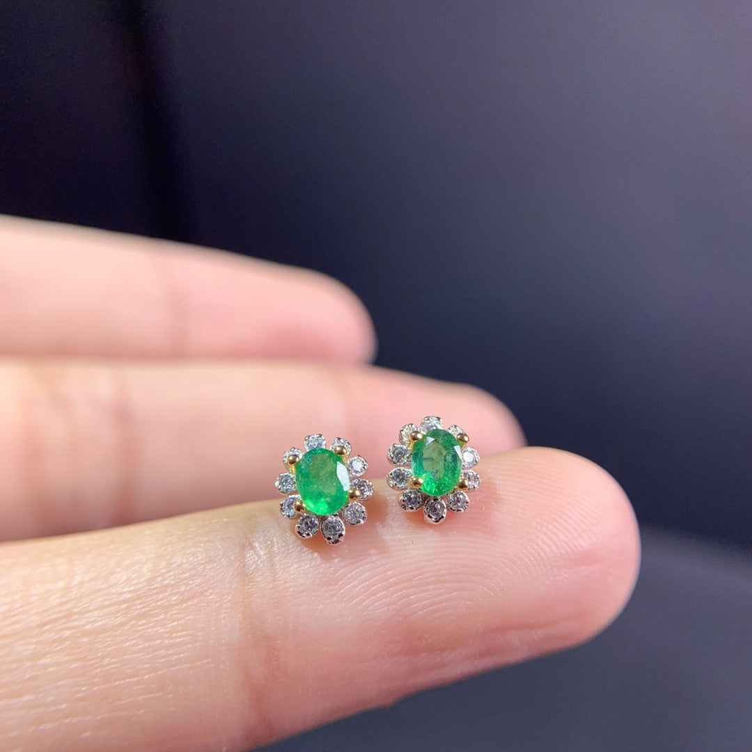 Women's Natural Emerald Silver Stud Earrings – Gifts for Her — 1