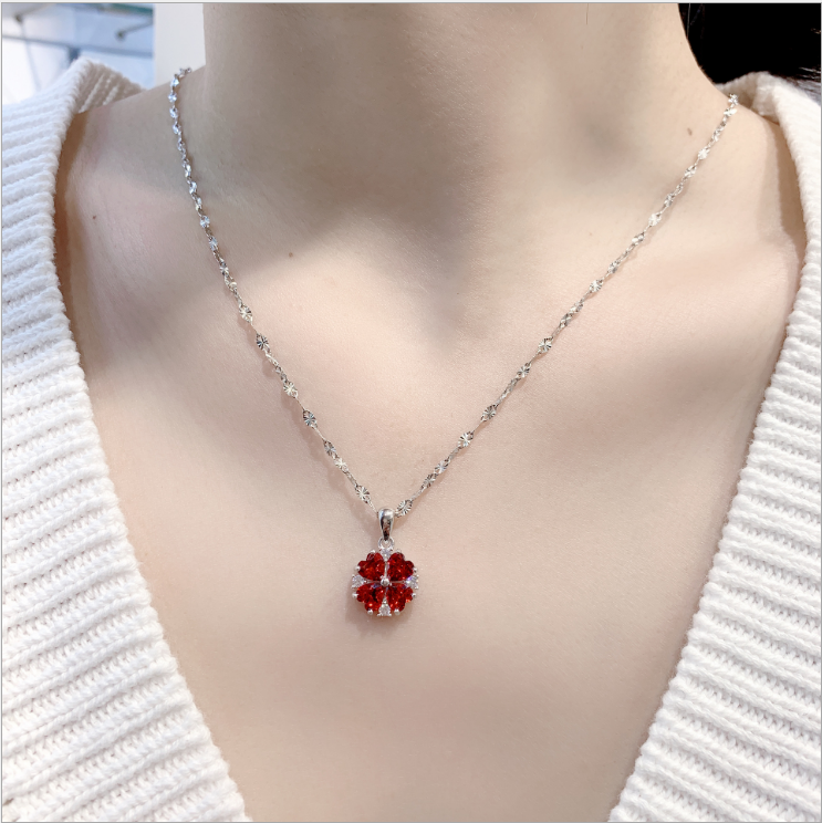 Sterling Silver Red Zircon Lucky Grass Collar Chain – Everyday Gifts — 1