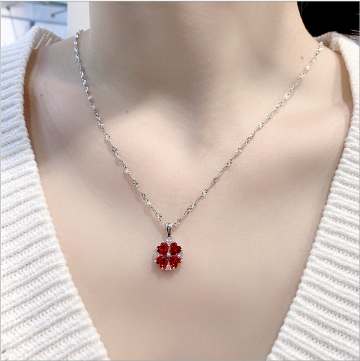 Sterling Silver Red Zircon Lucky Grass Collar Chain – Everyday Gifts — 1