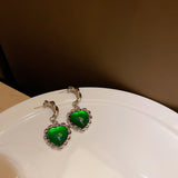 Silver Needle Emerald Heart Earrings Women's – Gifts for Her — 3