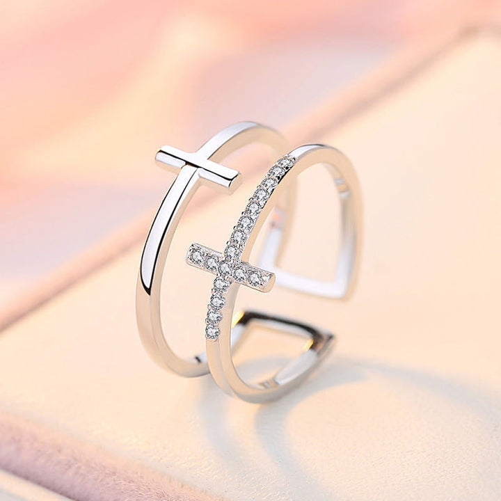 Double Cross Miniature Copper Inlaid Zircon Ring – Stylish Gifts — 1