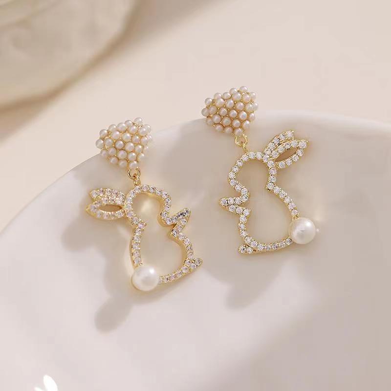 Pearl Bunny Earrings For Women Silver Pin Earrings – Gifts for Her — 1