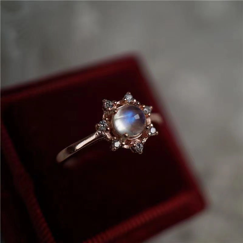 Natural Moonstone Snowflake Diamond Sterling Silver Ring – Gift Ideas — 1