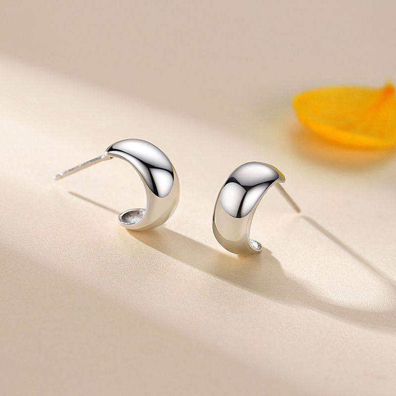 S925 Sterling Silver Glossy C- Shaped Stud Earrings – Gifts for Her — 1