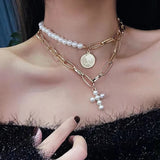 Vintage Pearl Cross Coin Pendant Necklace Women's – Jewelry Gift Ideas — 1