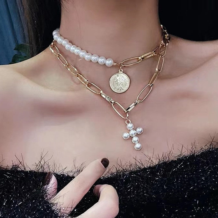 Vintage Pearl Cross Coin Pendant Necklace Women's – Jewelry Gift Ideas — 1