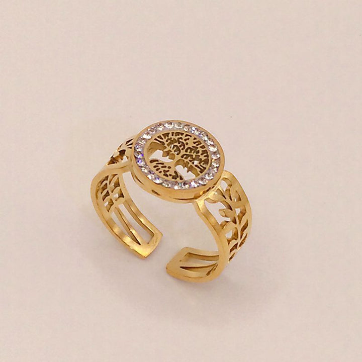 Titanium Steel Lucky Tree Diamond Studded Hollow Ring – Gift Ideas — 1