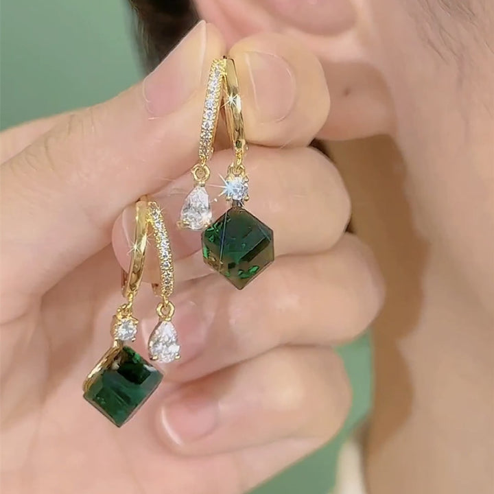 Green Cube Sugar Crystal Earrings Zircon Earrings – Gift Ideas — 1