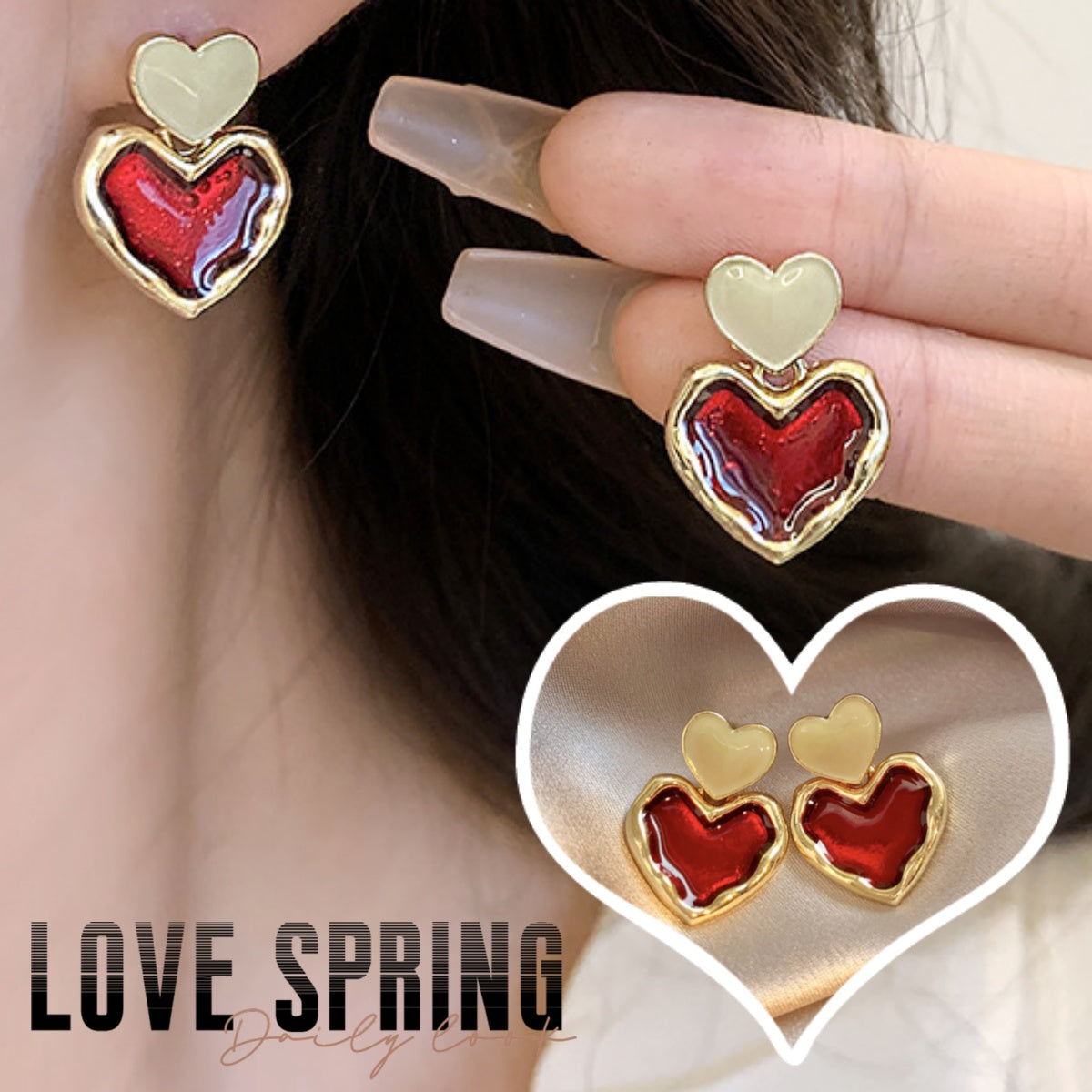Wine Red Love Heart Earrings For Women Girl Gold – Jewelry Gift Ideas — 1