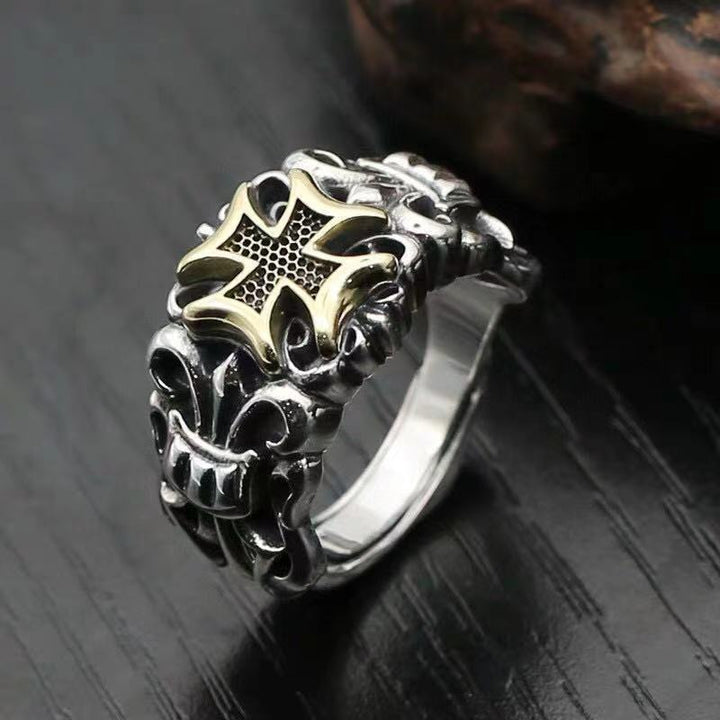 S925 Silver Punk Men's Cross Ring Anchor Flower – Gifts for Him — 1