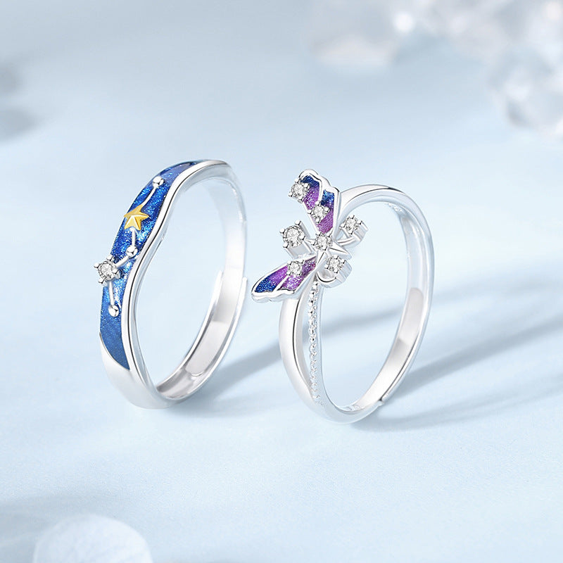 Starry Butterfly Lovers Couple Ring, Pure Silver – Gifts for Couples — 1