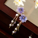 Women's Purple Floral Pearl Tassel Earrings – Gifts for Her — 5