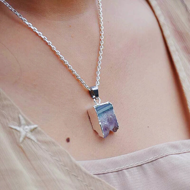 Natural Cut Amethyst Silver Edge Necklace Healing – Jewelry Gift Ideas — 1