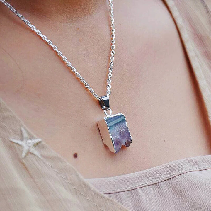 Natural Cut Amethyst Silver Edge Necklace Healing – Jewelry Gift Ideas — 1