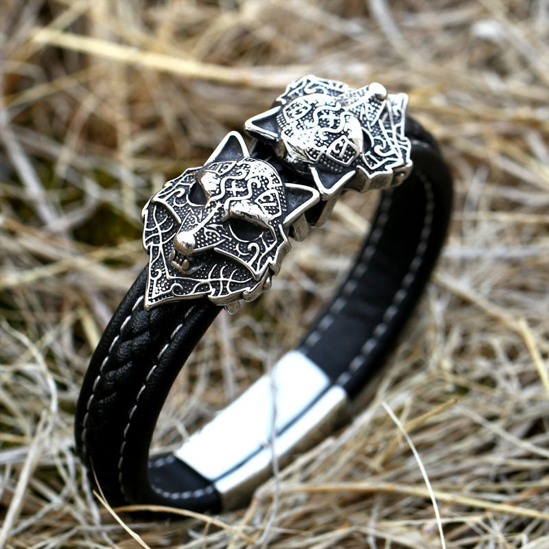 Vintage Stainless Steel Double Wolf Head Bracelet – Jewelry Gift Ideas — 1