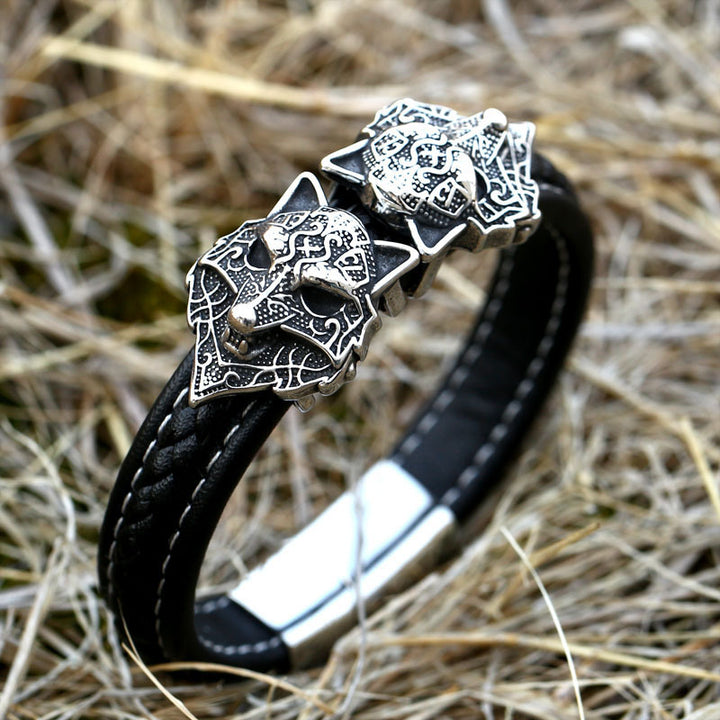 Vintage Stainless Steel Double Wolf Head Bracelet – Jewelry Gift Ideas — 1
