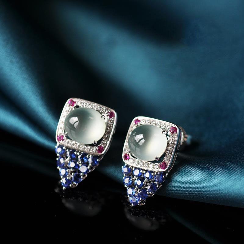 Jade Chalcedony Ice Plated S925 Silver Sapphire Earrings – Gift Ideas — 1