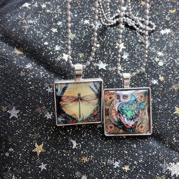 Time Gemstone Dragonfly Owl Square Glass Pendant – Jewelry Gift Ideas — 1